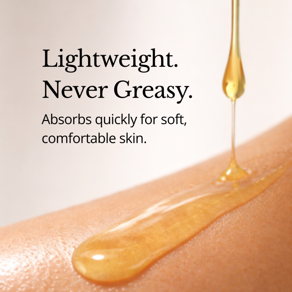 Skin with a droplet of oil and text describing product features on a light background