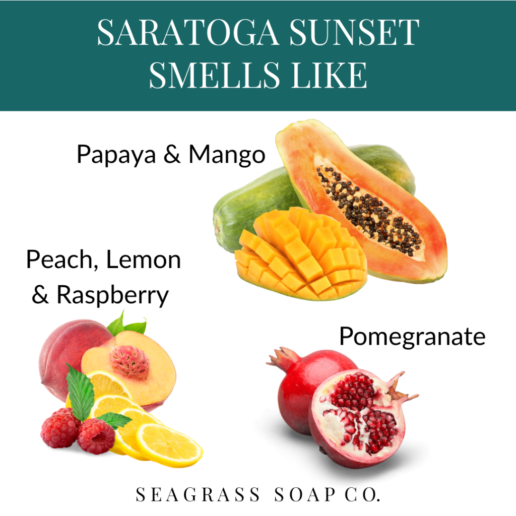 Fruits with text indicating their scents and Seagrass Soap Co. branding.