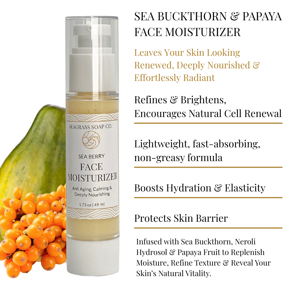 Sea Buckthorn and Papaya Face Moisturizer on a white background with skin benefits surrounded by fruit.