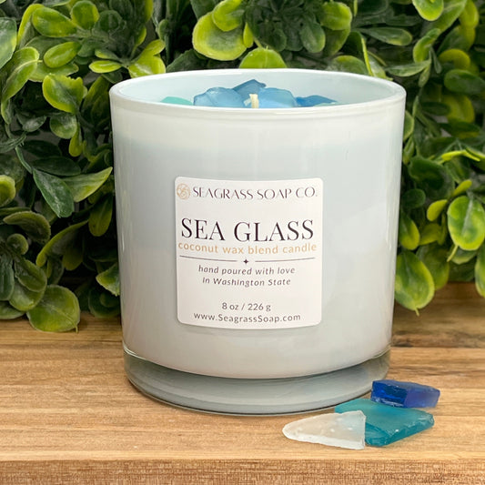 Our Sea Glass Candle is made with Coconut Apricot Wax Blend for a clean burn.
