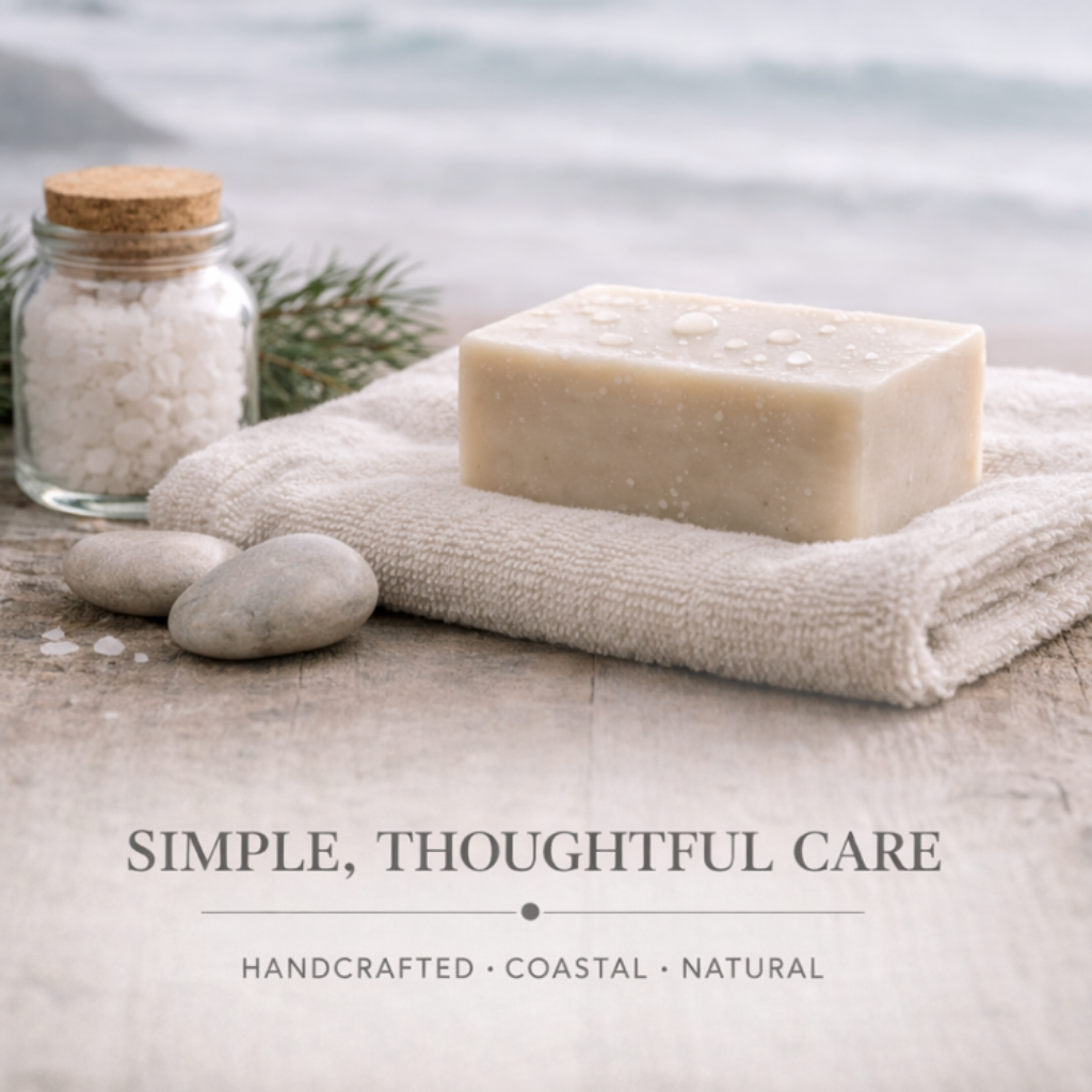 Bar of soap on a towel with a jar of salt and sea salt crystals, set against a coastal background.