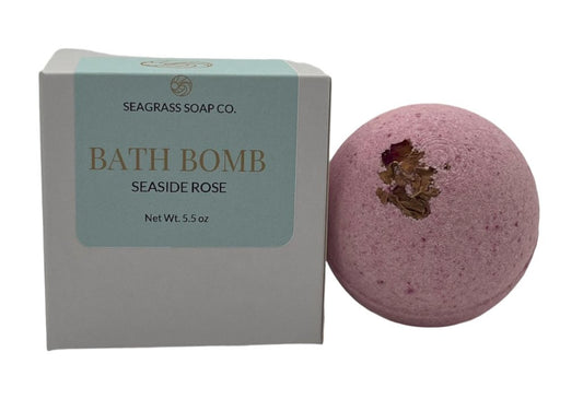 A seaside rose bath bomb with box