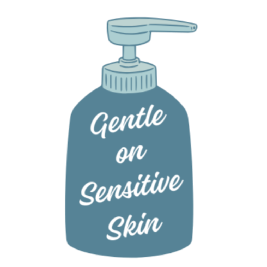 Blue bottle labeled 'Gentle on Sensitive Skin' on a white background