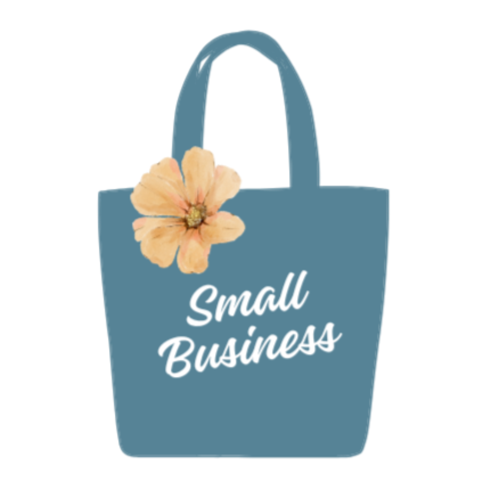 Blue tote bag with 'Small Business' text and a flower on a white background