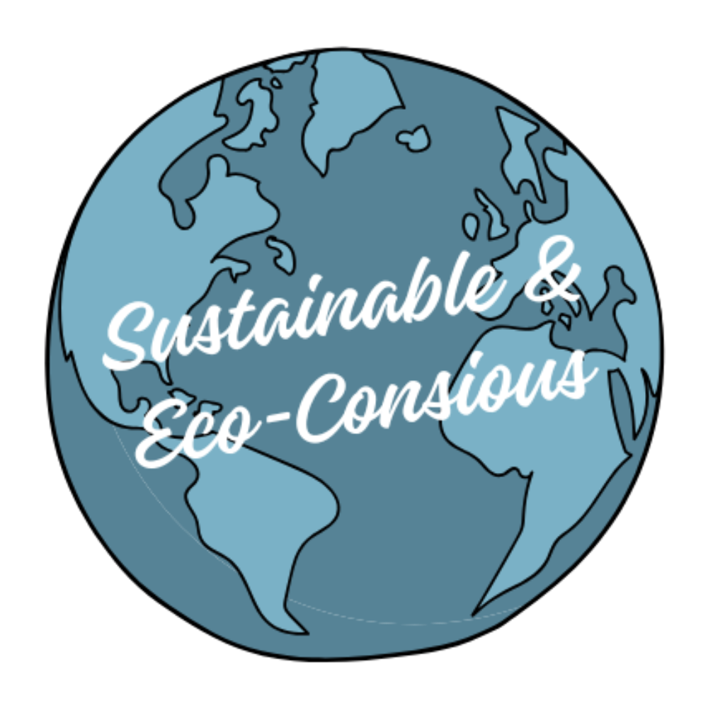 Blue globe with 'Sustainable & Eco-Conscious' text on a white background