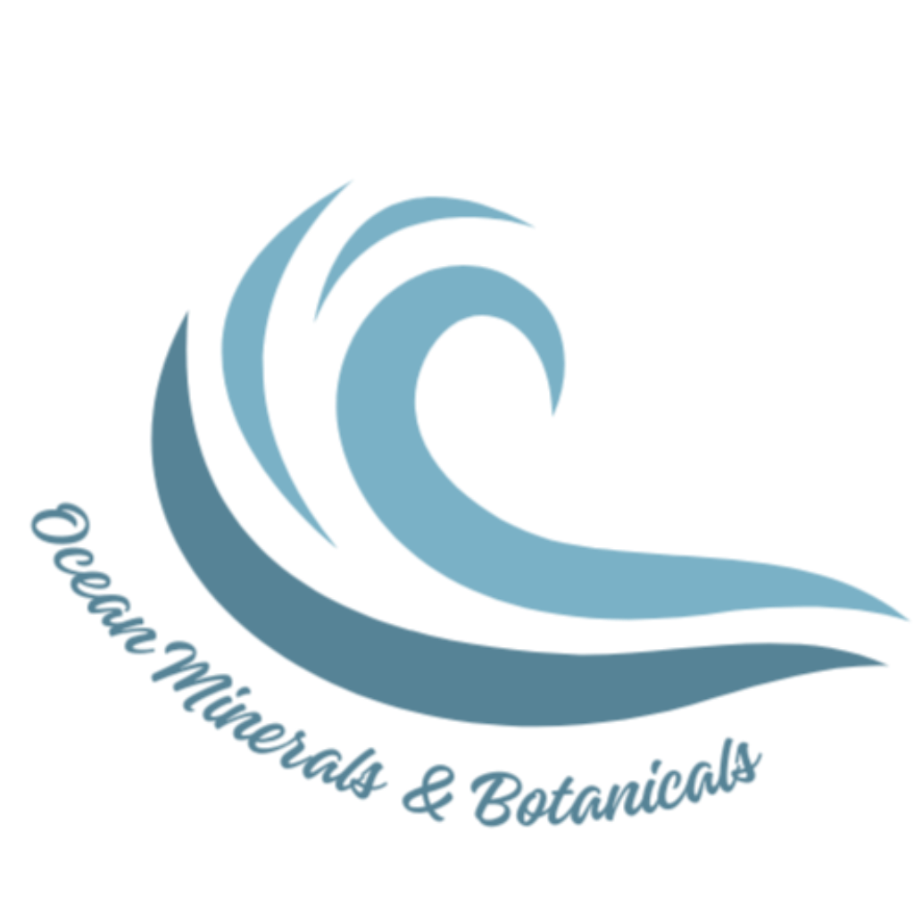 Logo with a wave design and 'Ocean Minerals & Botanicals' text on a white background