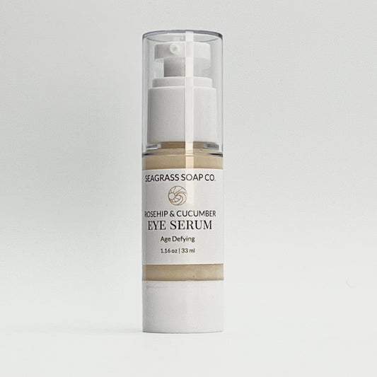 Age defying eye serum with Rosehip and Cucumber by Seagrass Soap Co on a plain white background