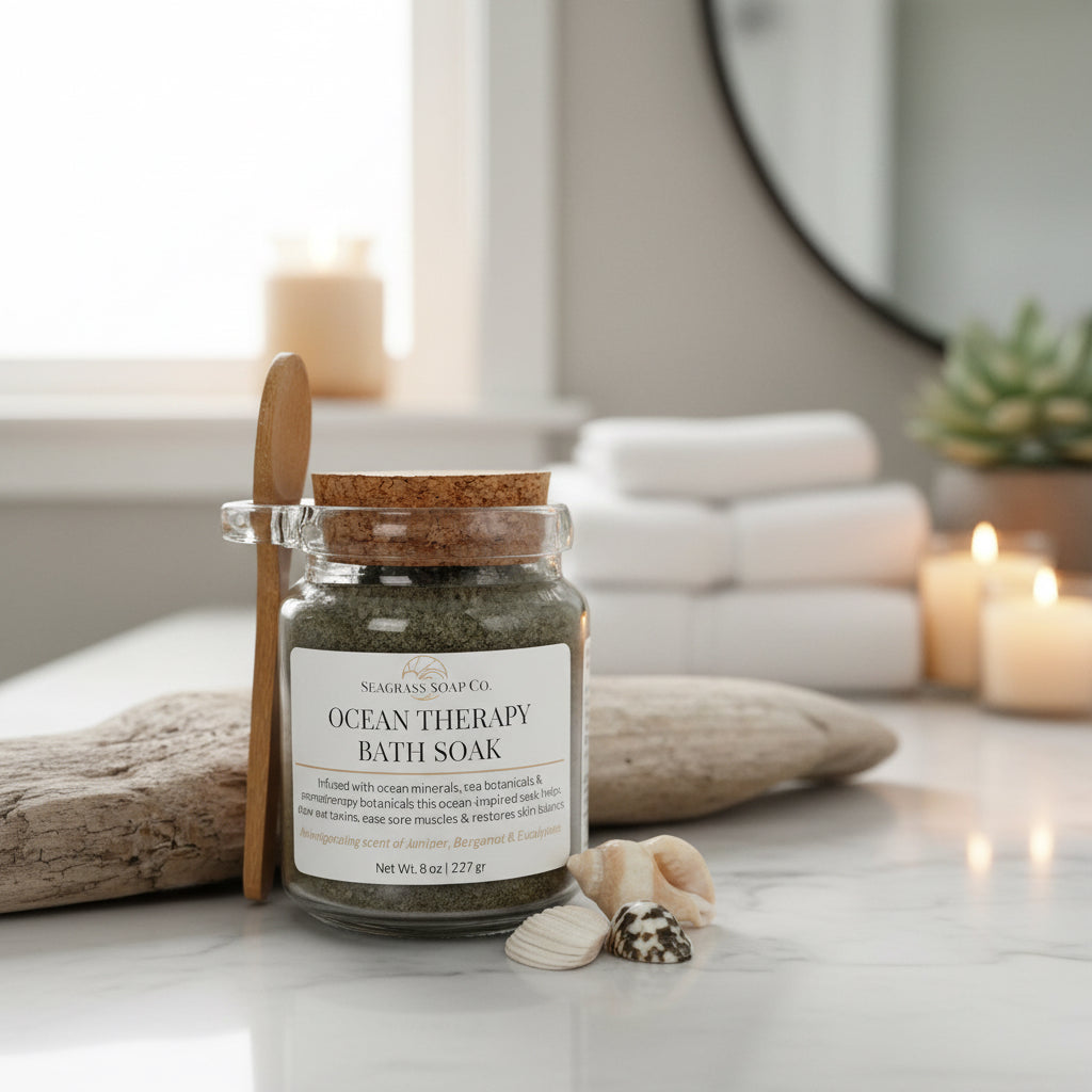 A jar of ocean therapy bath soak by Seagrass Soap Co. with seashells, towels, candles  and driftwood in the background.