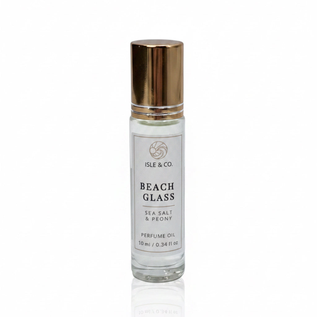 Perfume oil bottle labeled 'Beach Glass' by Isle & Co. on a white background
