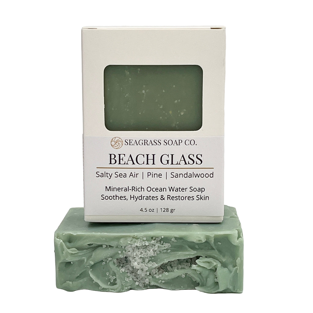 Beach glass soap bar and packaging on a white background by Seagrass Soap Co.