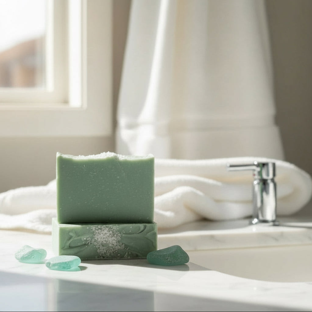 Two bars of green soap in a bathroom sitting on a white marble counter next to a plant, towel and a few pieces of sea glass.