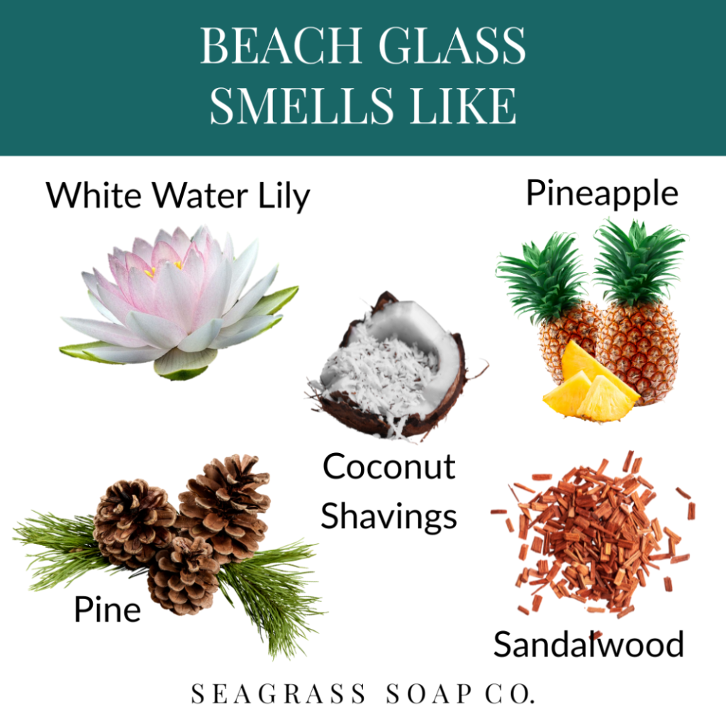Illustration of beach glass scents with corresponding images and labels.