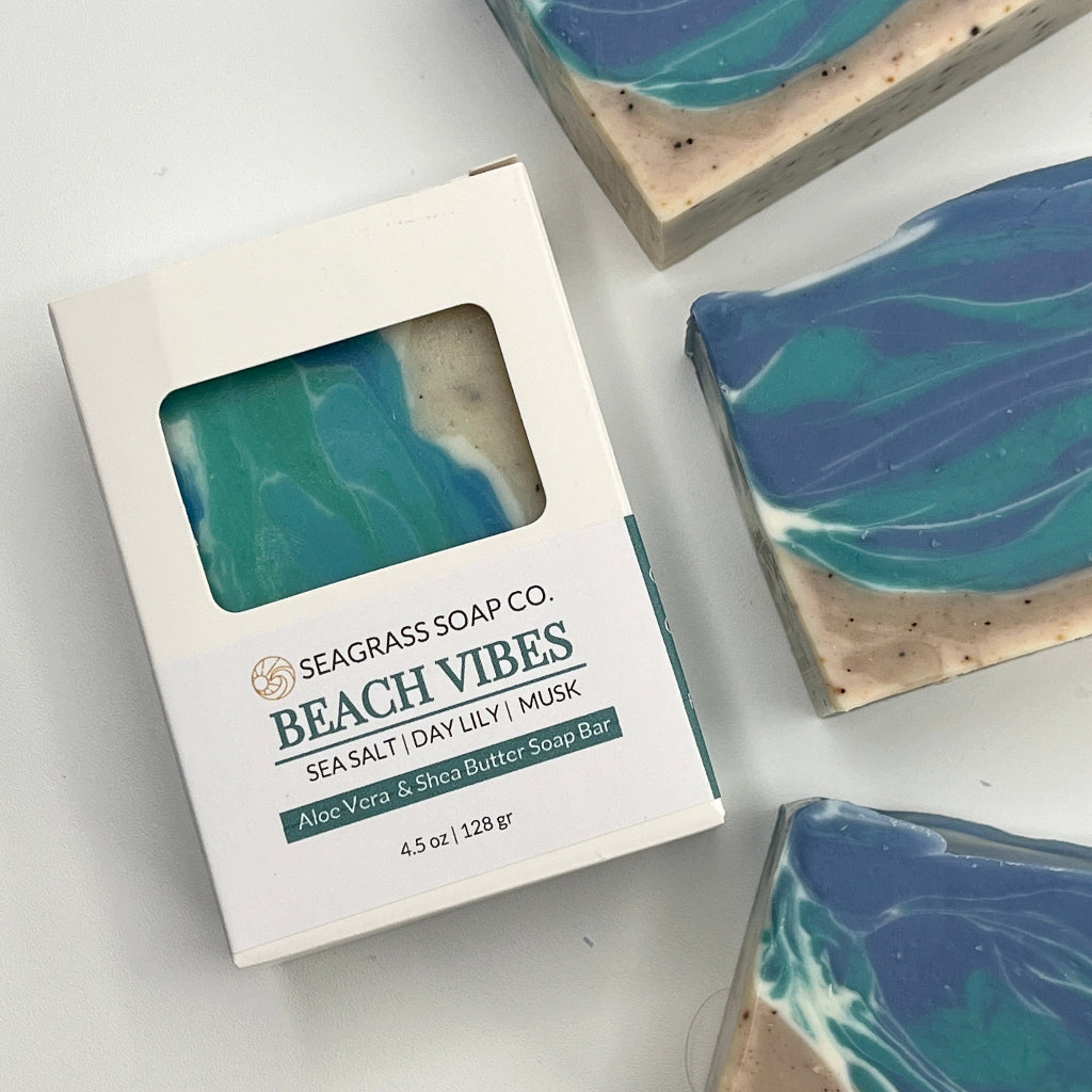 Beach Vibes soap bar and packaging