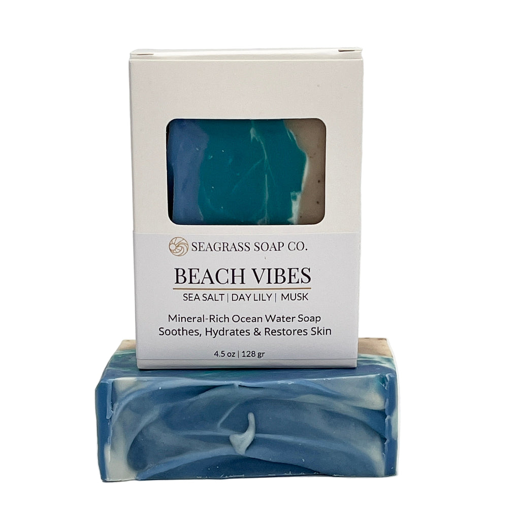 Beach Vibes, an ocean designed soap bar and package on a white background