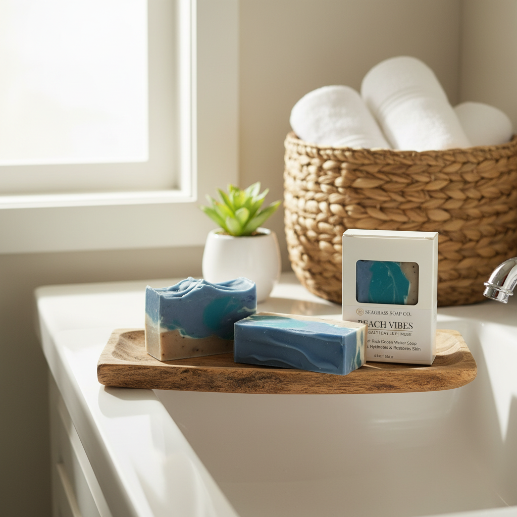 Three bars of soap on a wooden tray sitting on a bathroom sink with a plant and basket of towels in the background