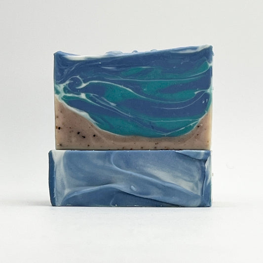 Beach Vibes ocean water soap bar with sand and wave design by Seagrass Soap Co.
