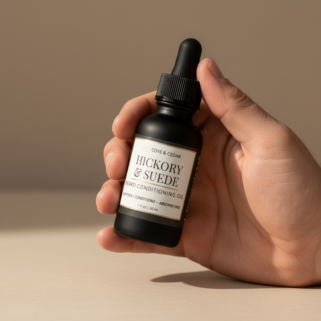 A man's hand holding a beard oil bottle showing the label on a tan background.