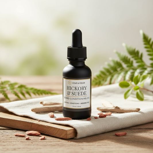 black bottle of beard oil on a wooden board draped in linen with wood pieces and a greenery in the blurred background.