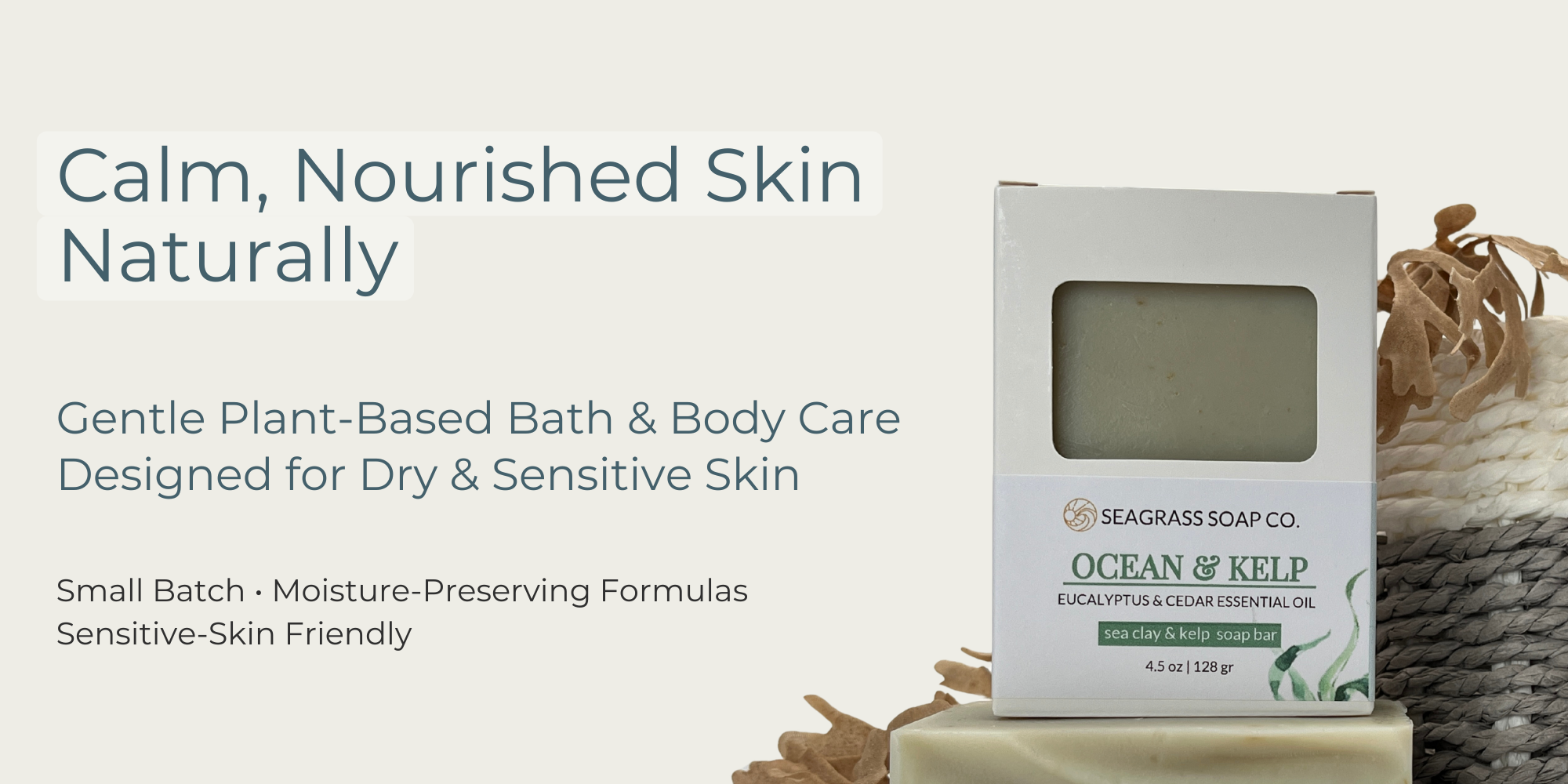 Ocean & Kelp soap bar by Seagrass Soap Co., gentle  plant-based bath and body care for dry and sensitive skin.