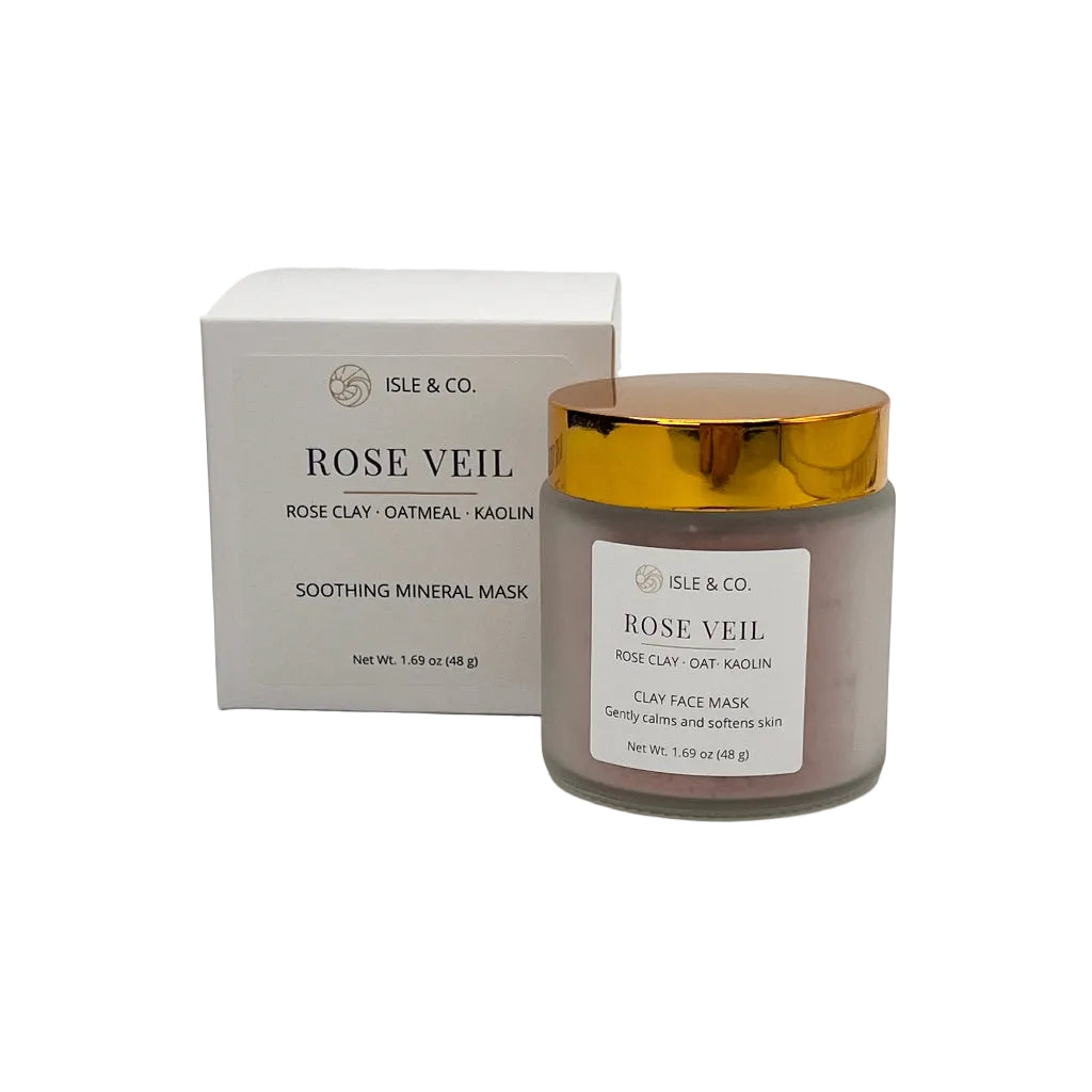 Rose Veil soaping mineral mask jar with gold lid and Isle & Co packaging on a white background
