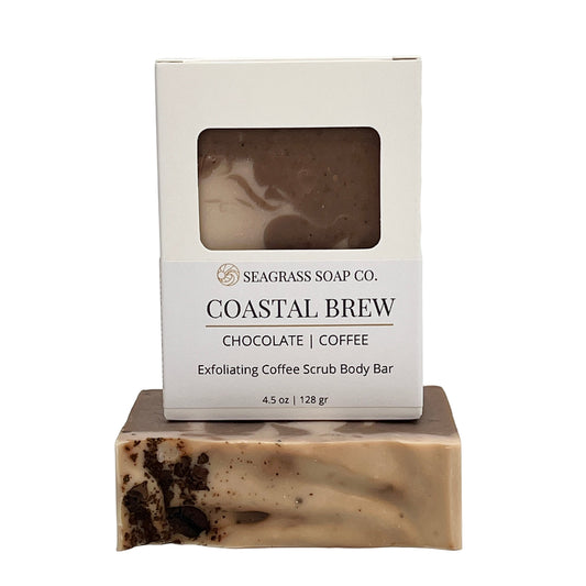 Coastal Brew, exfoliating coffee scrub body bar with packaging on a white background