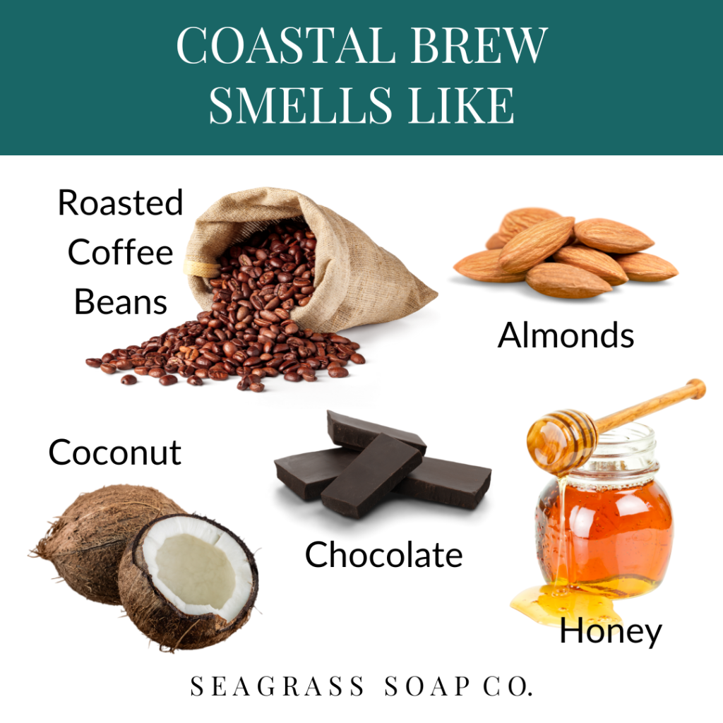 Illustration of ingredients associated with 'Coastal Brew' fragrance by Seagrass Soap Co.