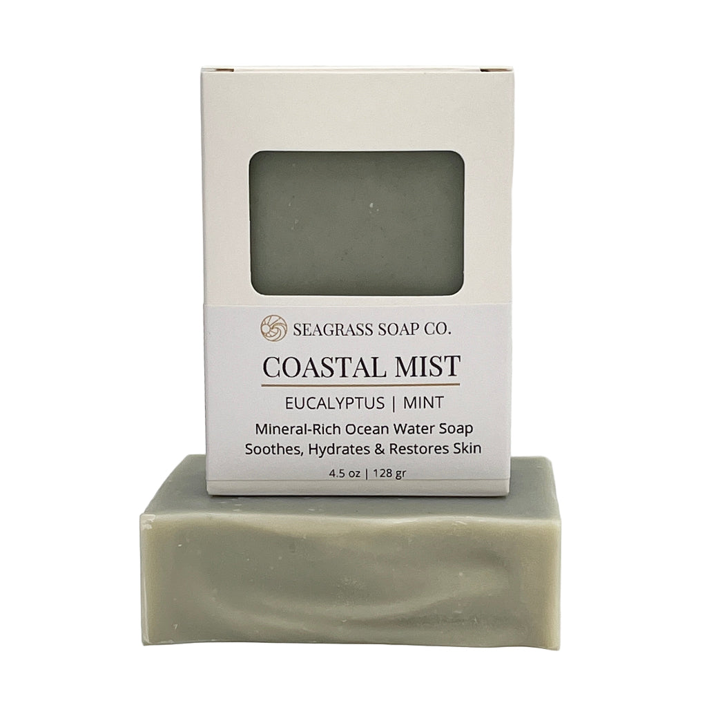 Coastal Mist Bar of soap with a Seagrass Soap Co. box on a white background
