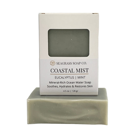 Coastal Mist Bar of soap with a Seagrass Soap Co. box on a white background