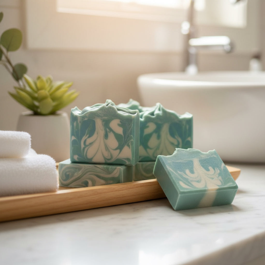 Several bars of green, blue and white soap sitting on a wooden tray next to a sink