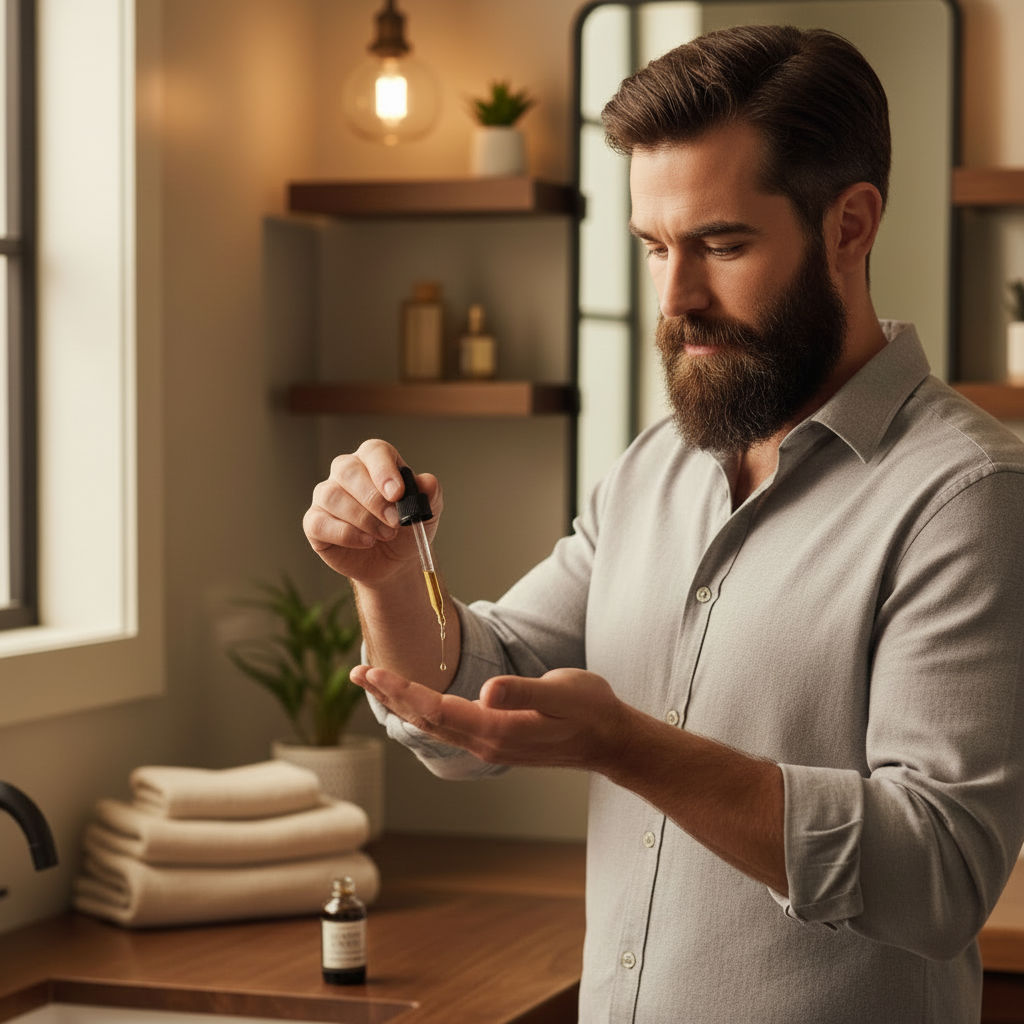 A bearded man in a bathroom setting using a dropper to dispense beard oil into his palm.
