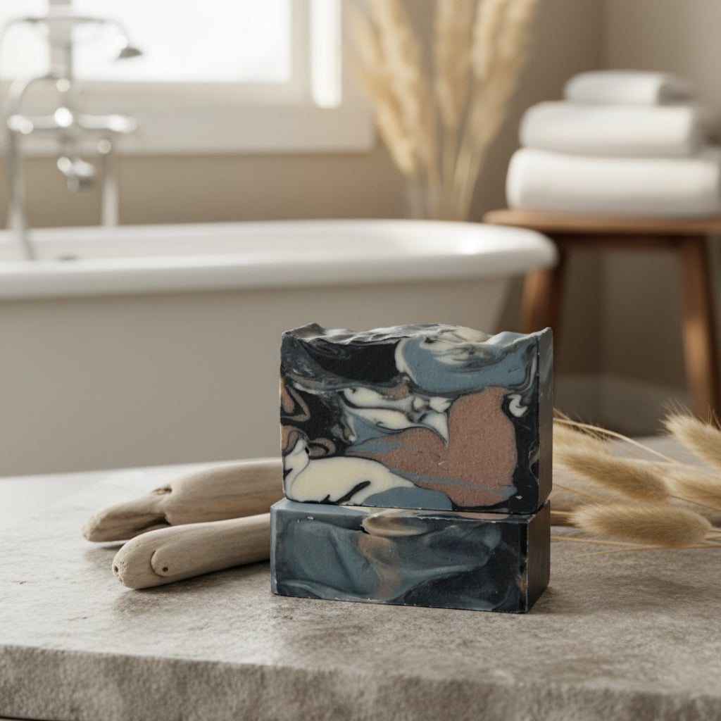 Two bars of marbled soap sitting on a counter with a tub in the background
