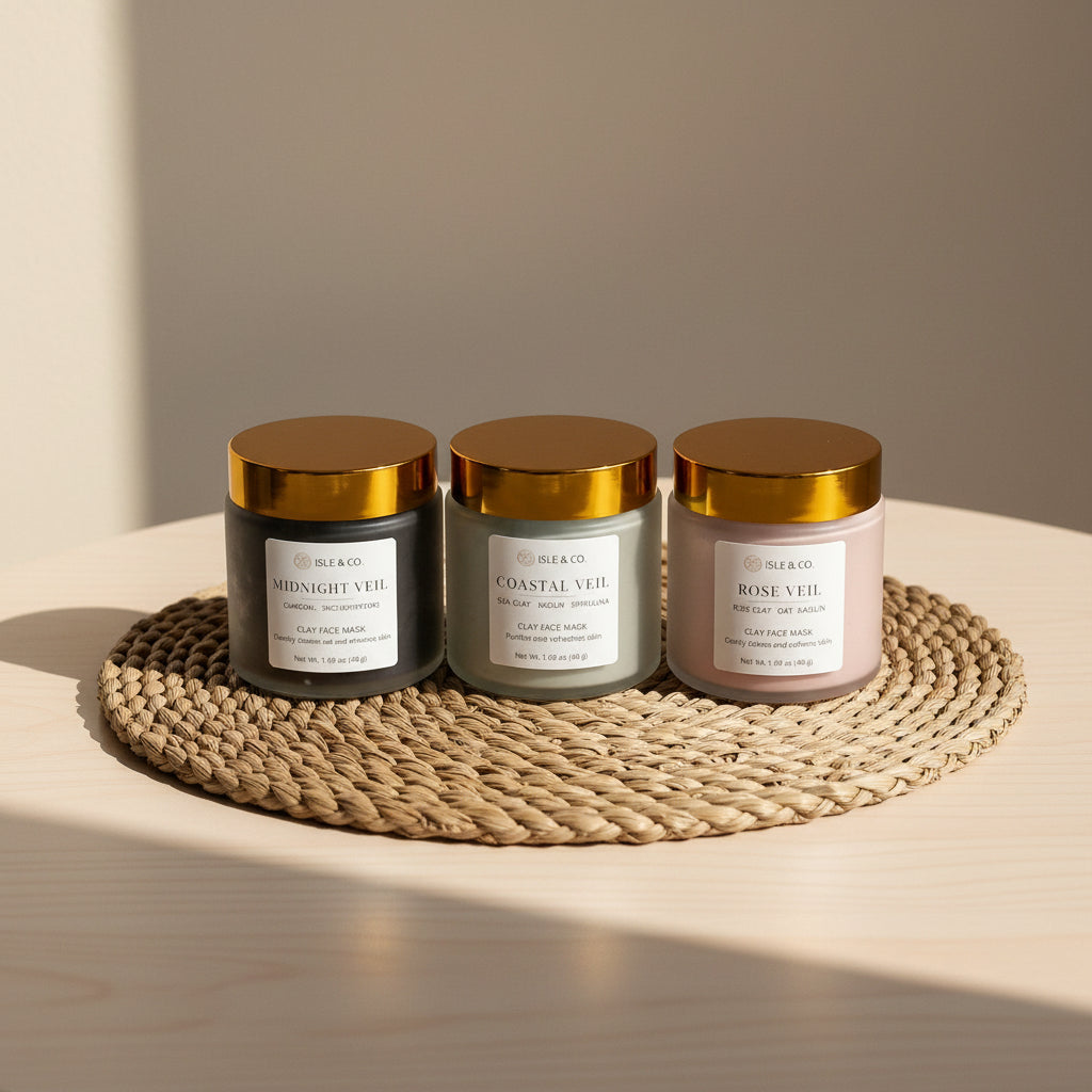 Three gray jars of dry face mask, calming, purifying and deep cleansing on a seagrass placemat on a wooden table.