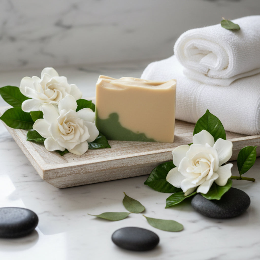 A bar of Gardenia soap on a wooden tray surrounded by towels, rocks and gardenia flower.