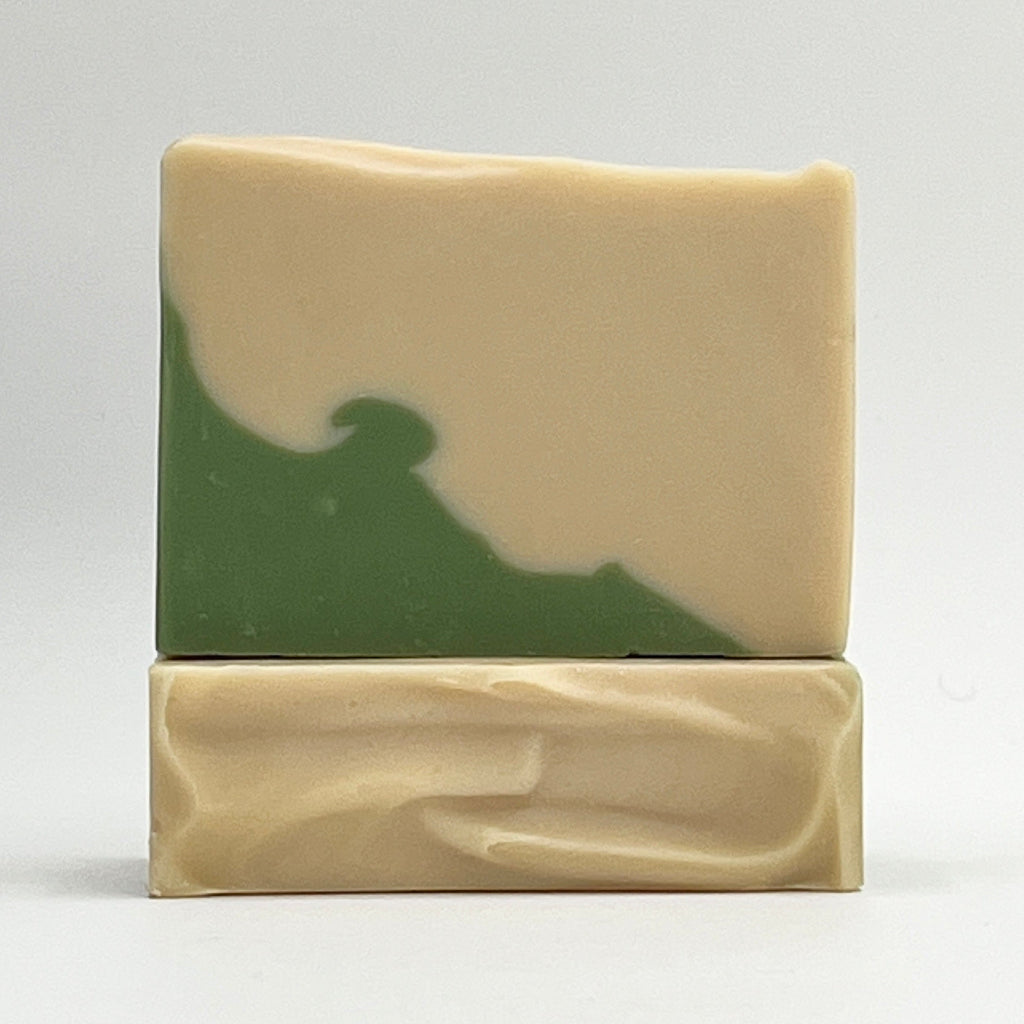 Gardenia scented ocean water soap bar with green and cream design by Seagrass Soap Co.