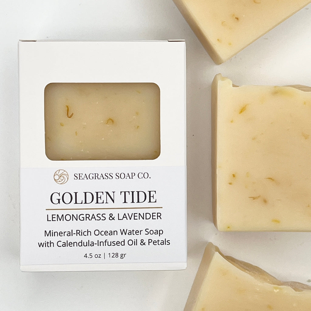 Seagrass Soap Co. Golden Tide Lemongrass & Lavender soap bar with packaging on a white background