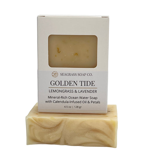 Golden Tide Bar of soap with packaging on a white background