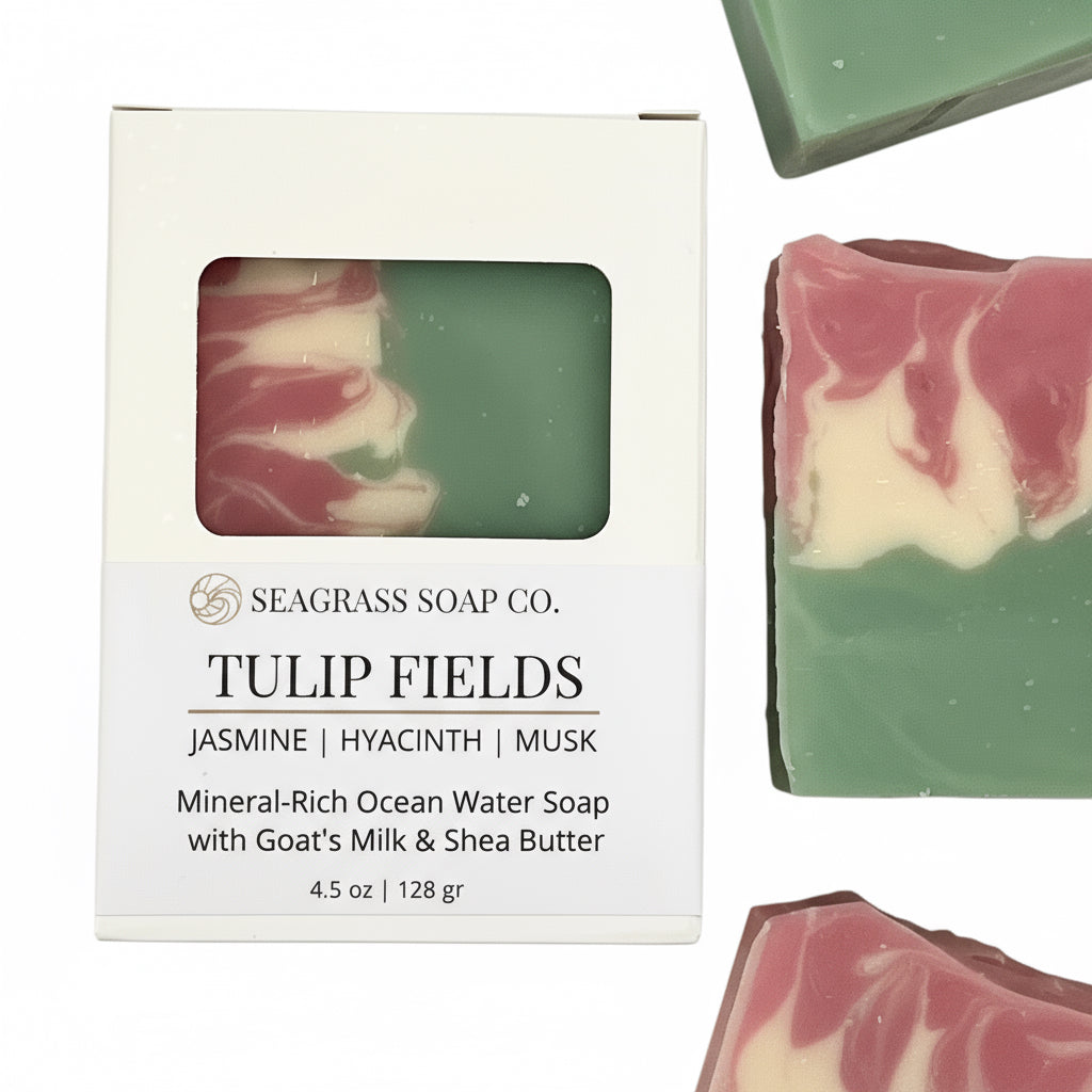 Three tulip fields soap bars and its box package on a white background.