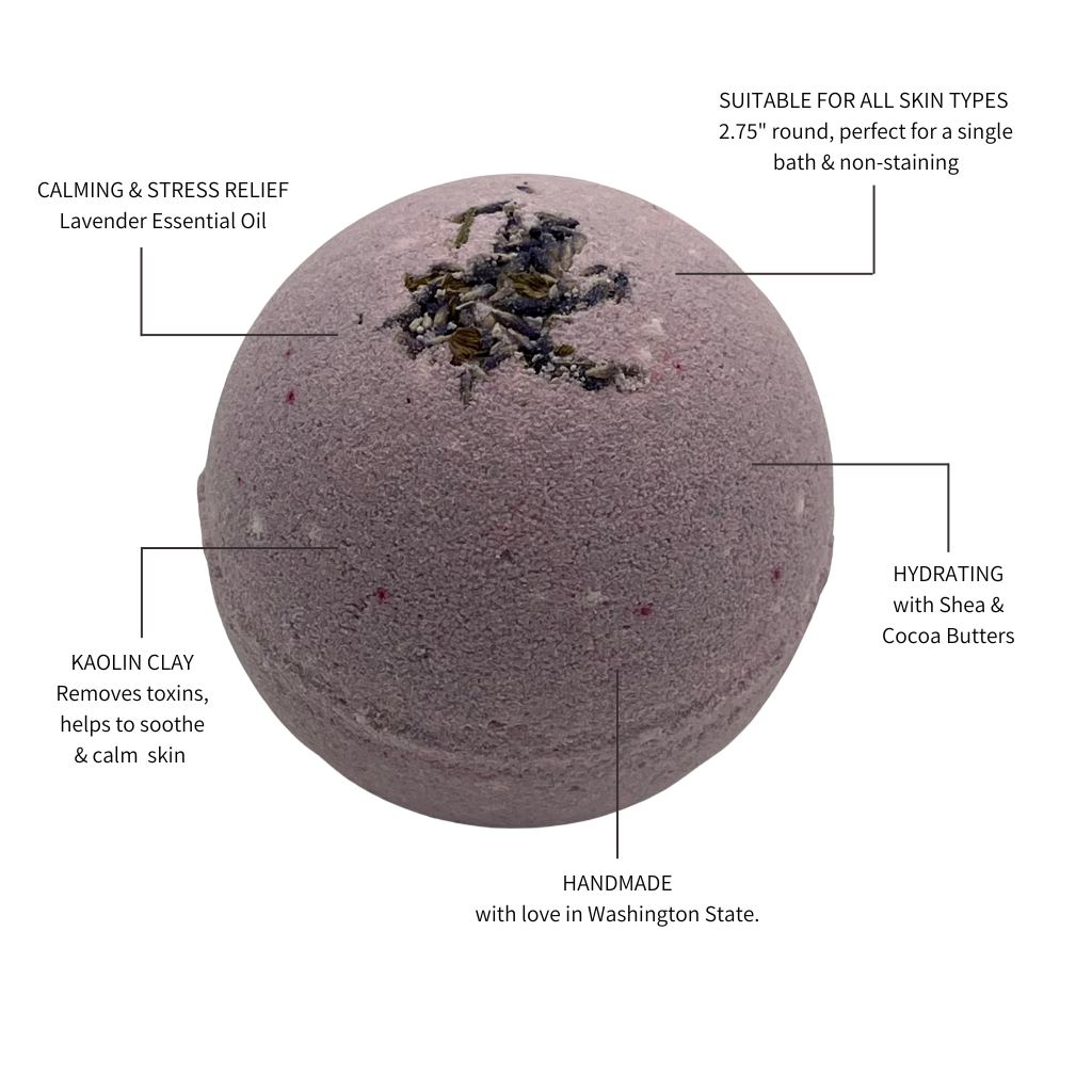 A lavender fields bath bomb describing its benefits