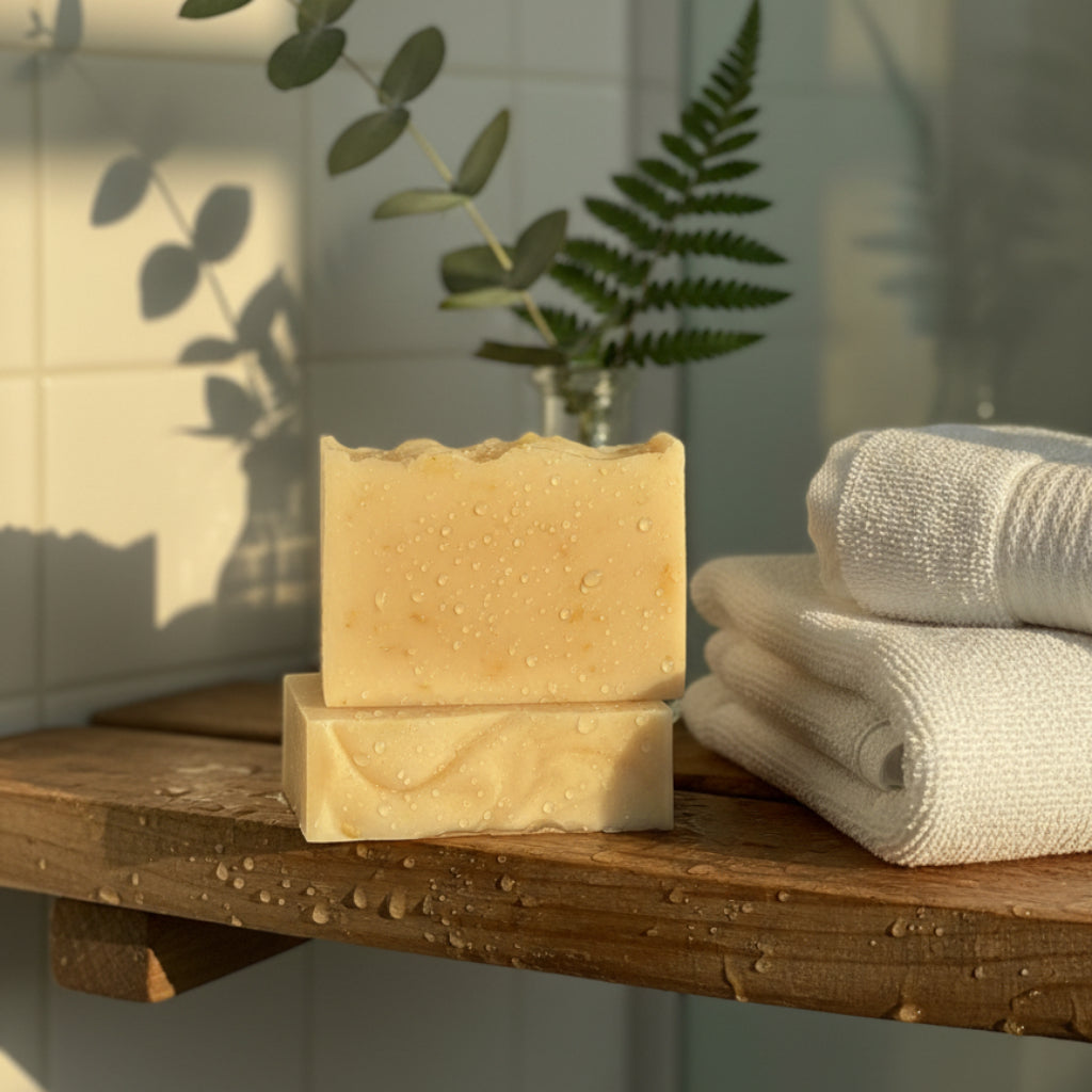 Two bars of soap sitting on a wooden seat in a shower next to towels with a fern in the background.