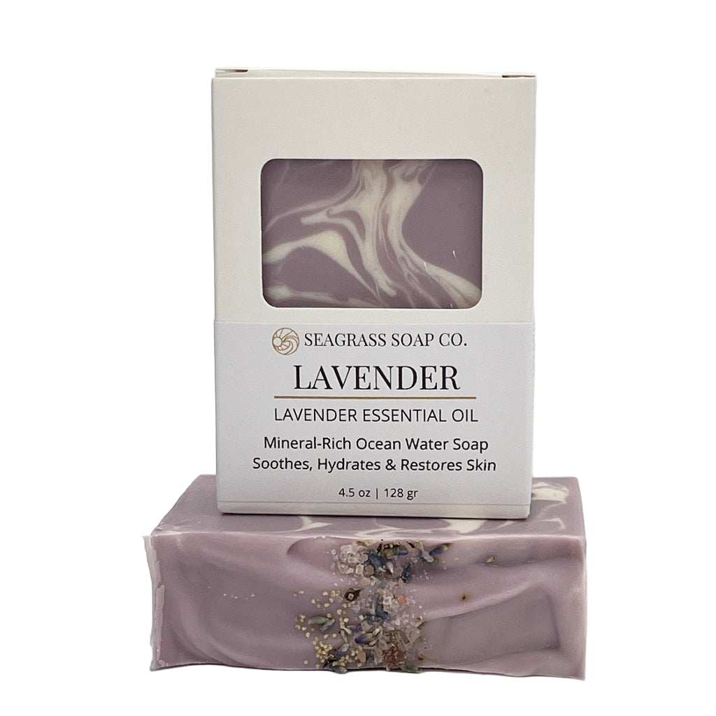 Lavender soap bar with packaging on a white background