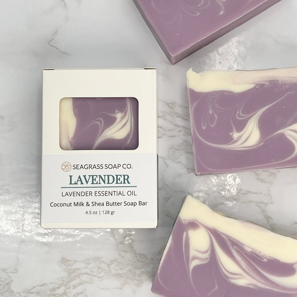 Three Lavender soap bars and packaging