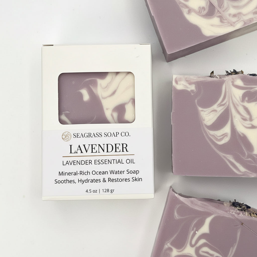 Lavender soap bars with packaging on a white background