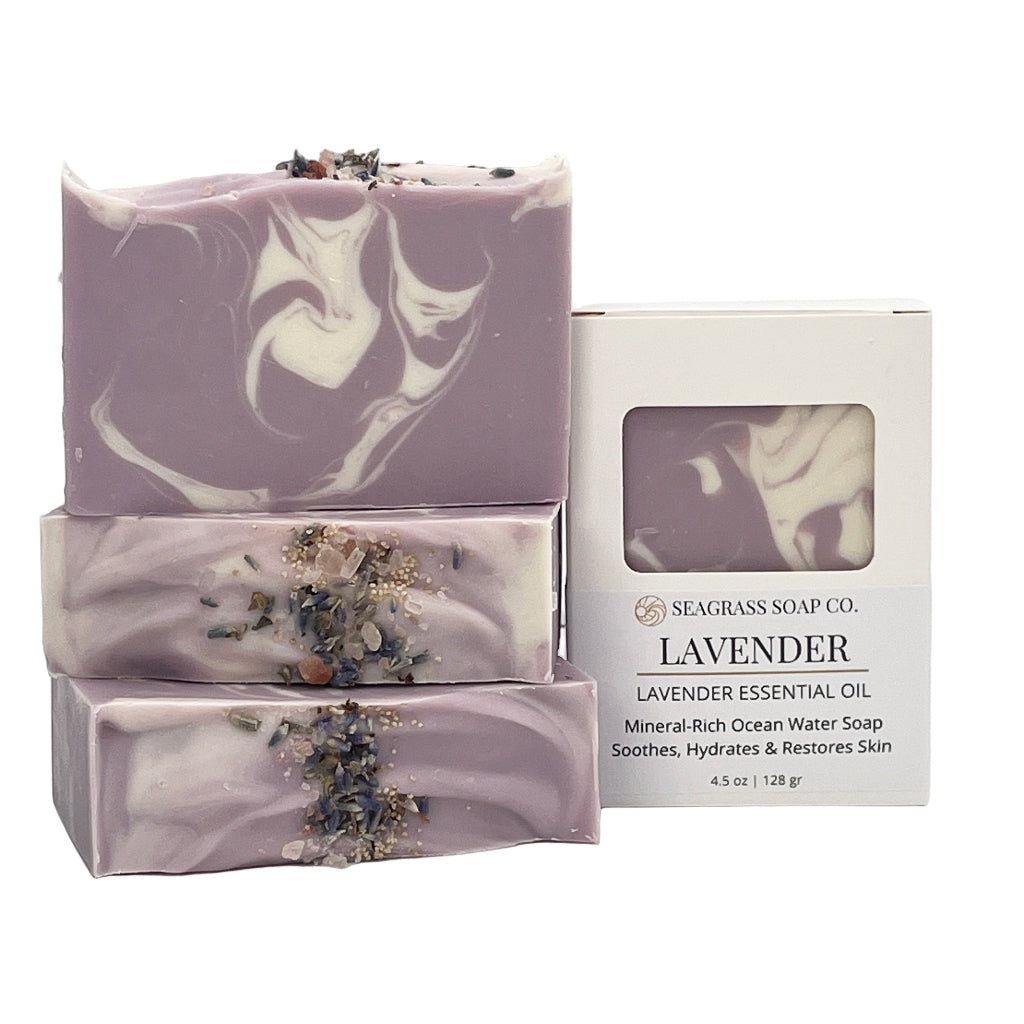 Lavender soap bars with Seaglass Soap Co. packaging on a white background