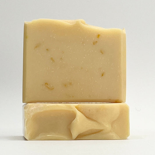 Lavender and lemongrass ocean water soap bar with a pale yellow speckled design by Seagrass Soap Co.