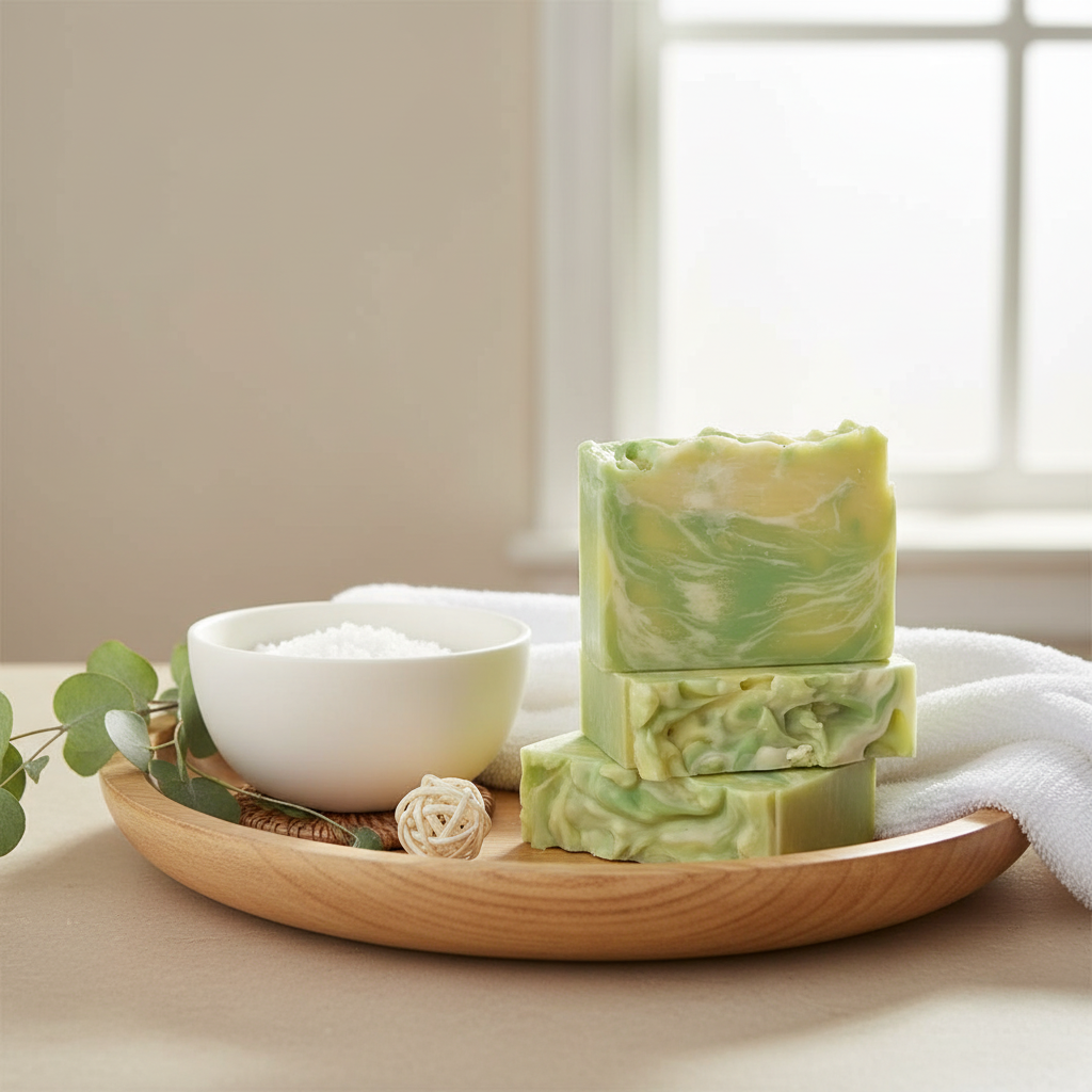 Three bars of yellow and green soap sitting on a wooden tray next to a towel and bowl with a window in the background