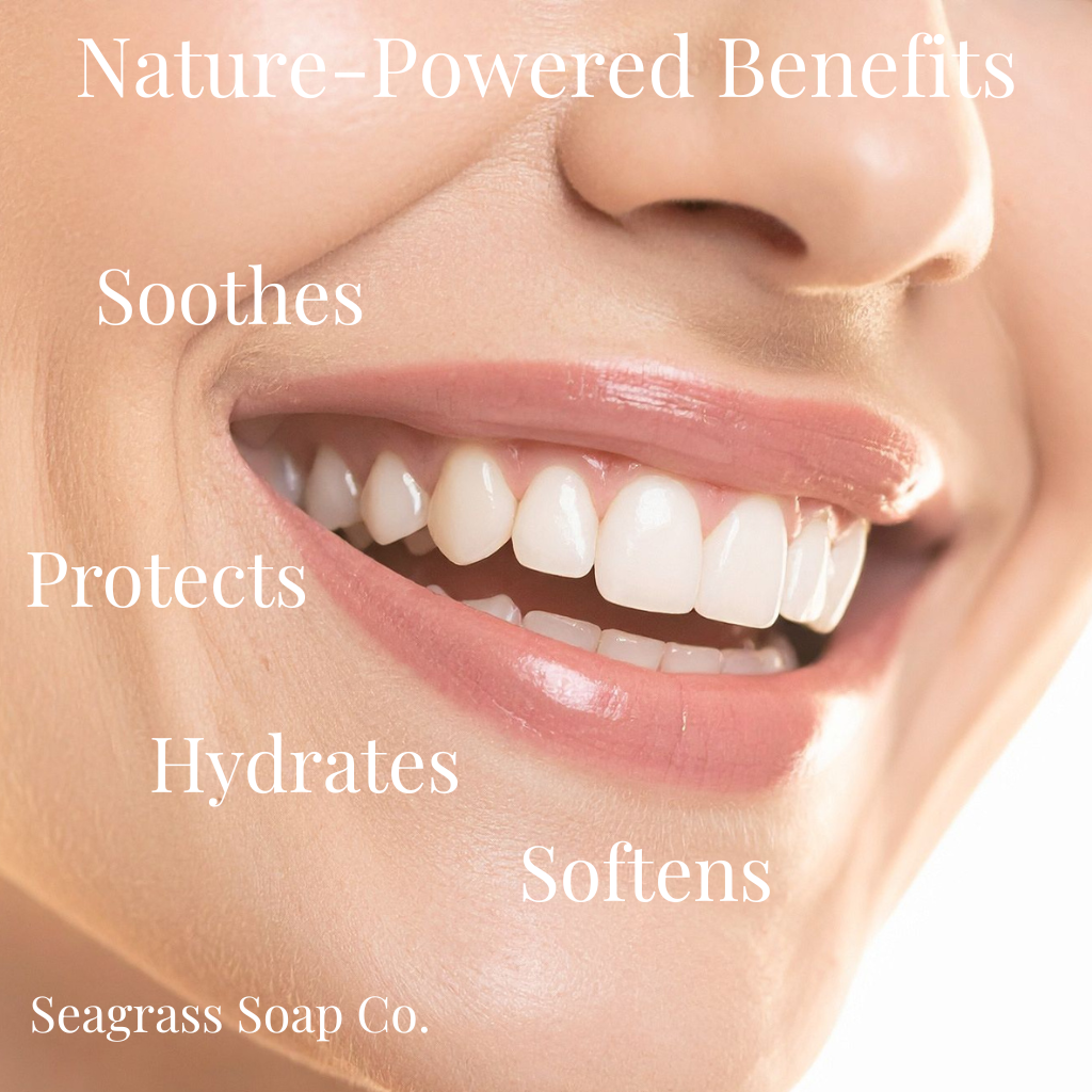 A woman's smile showing lip balm benefits by Seagrass Soap Co.