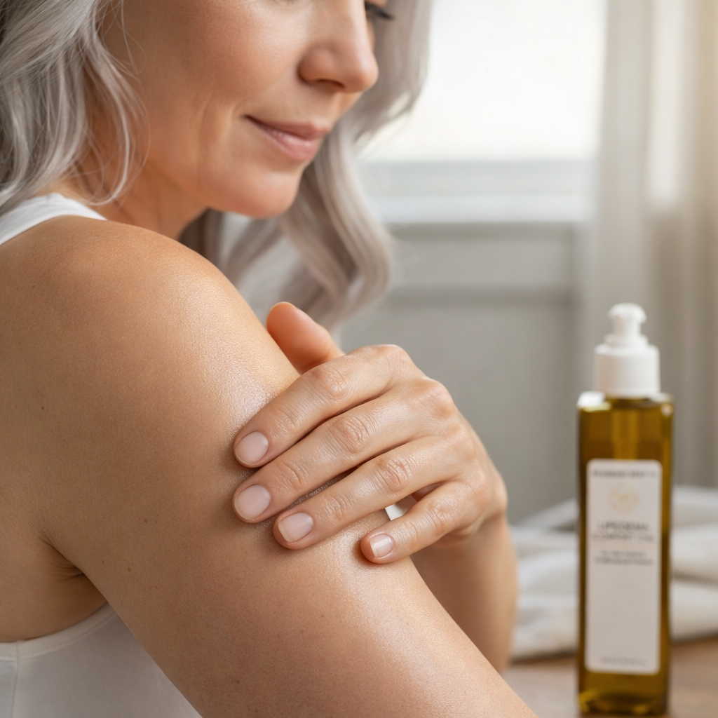 Woman applying Lipedema Comfort Oil to arm showing hydrated glowing skin
