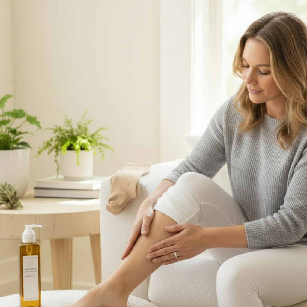 Lipedema Comfort Oil botanical body oil for lipedema-sensitive skin being applied to a womans leg before wearing compression