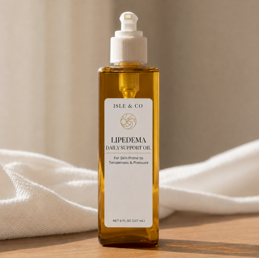 Luxury botanical body oil bottle designed for lipedema-sensitive skin
