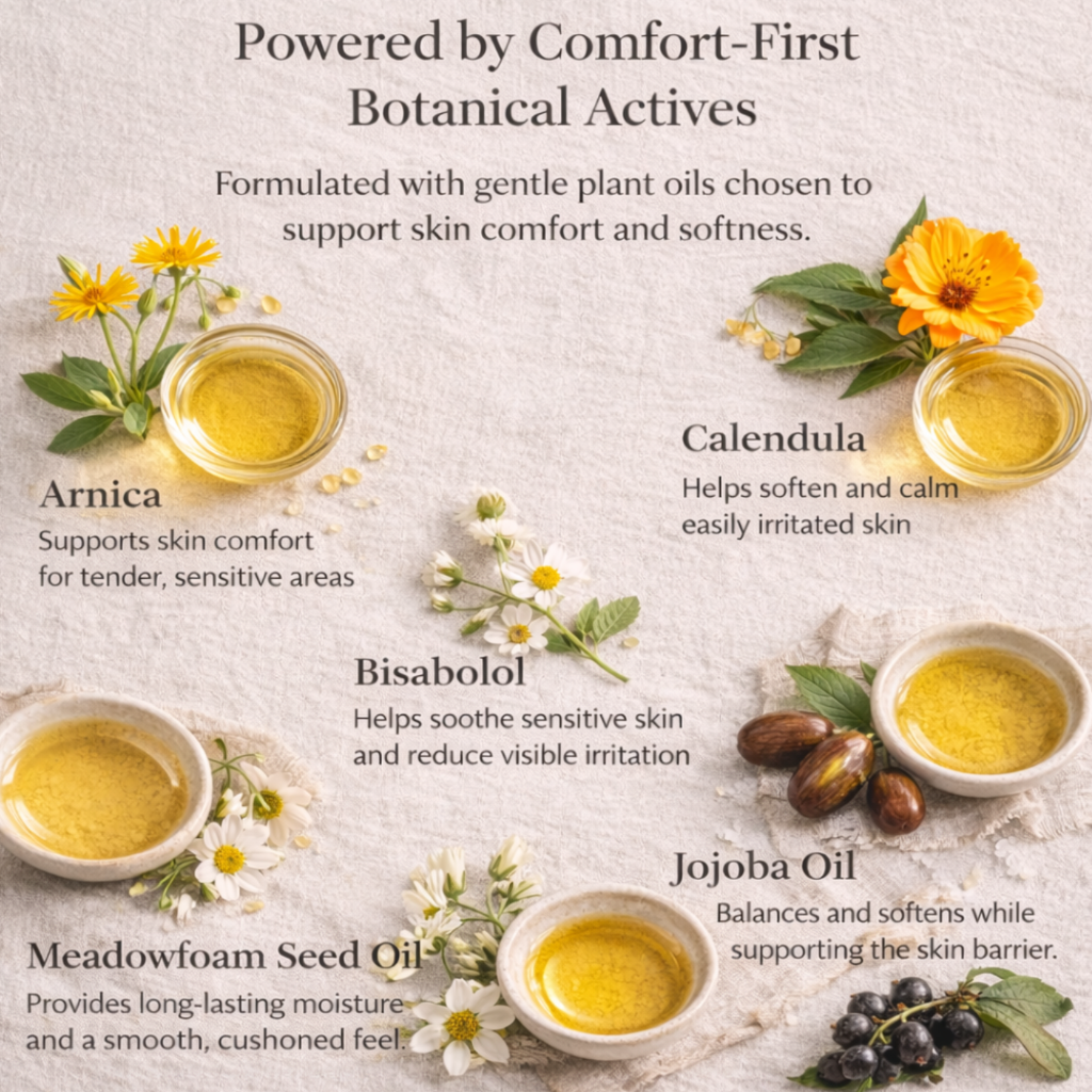 Botanical ingredients for lipedema-sensitive skin care on linen including arnica, calendula, bisabolol, jojoba, meadowfoam and black currant oils